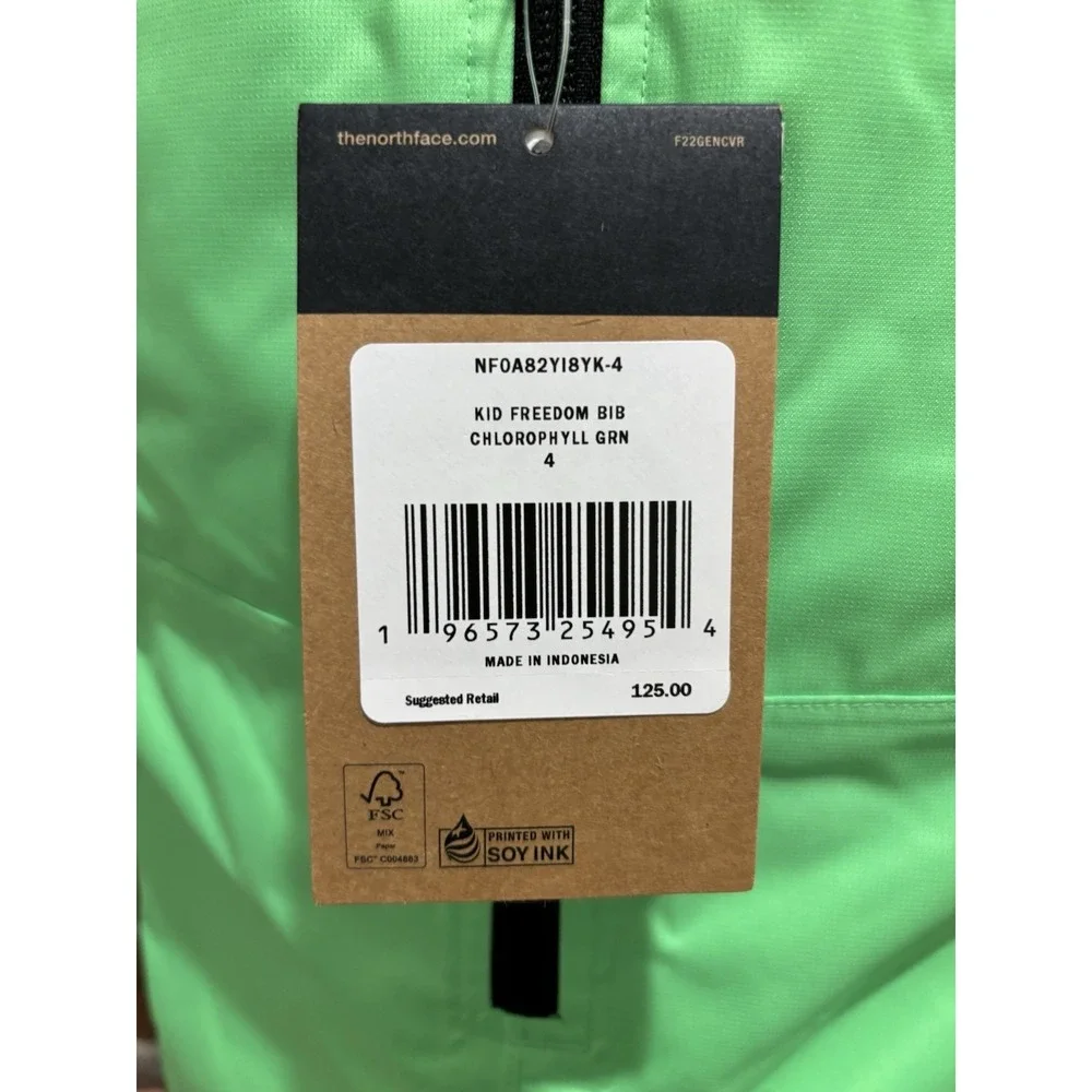 NWT The North Face Kid's Size 4 Freedom Insulated Bib CHLOROPHYLL GREEN Snowsuit